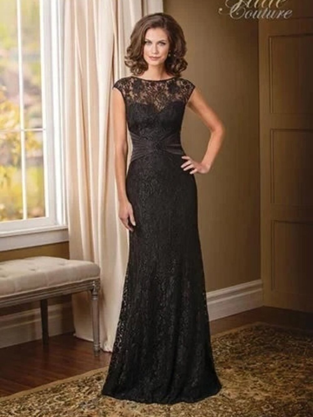 Jade Couture by Jasmine Black Lace Satin Beaded Waist Gown